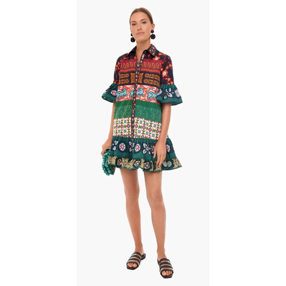 LA DOUBLEJ Tuckernuck Choux Patchwork Print Ruffle Button Shirt Mini Dress XS